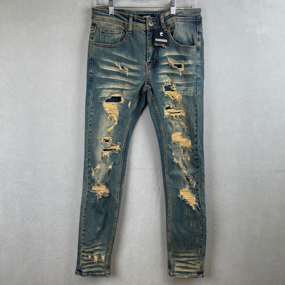Kindred Mens Modern Skinny Fit Distressed Ripped Blue Jeans Edgy Moto 30x32 NEW